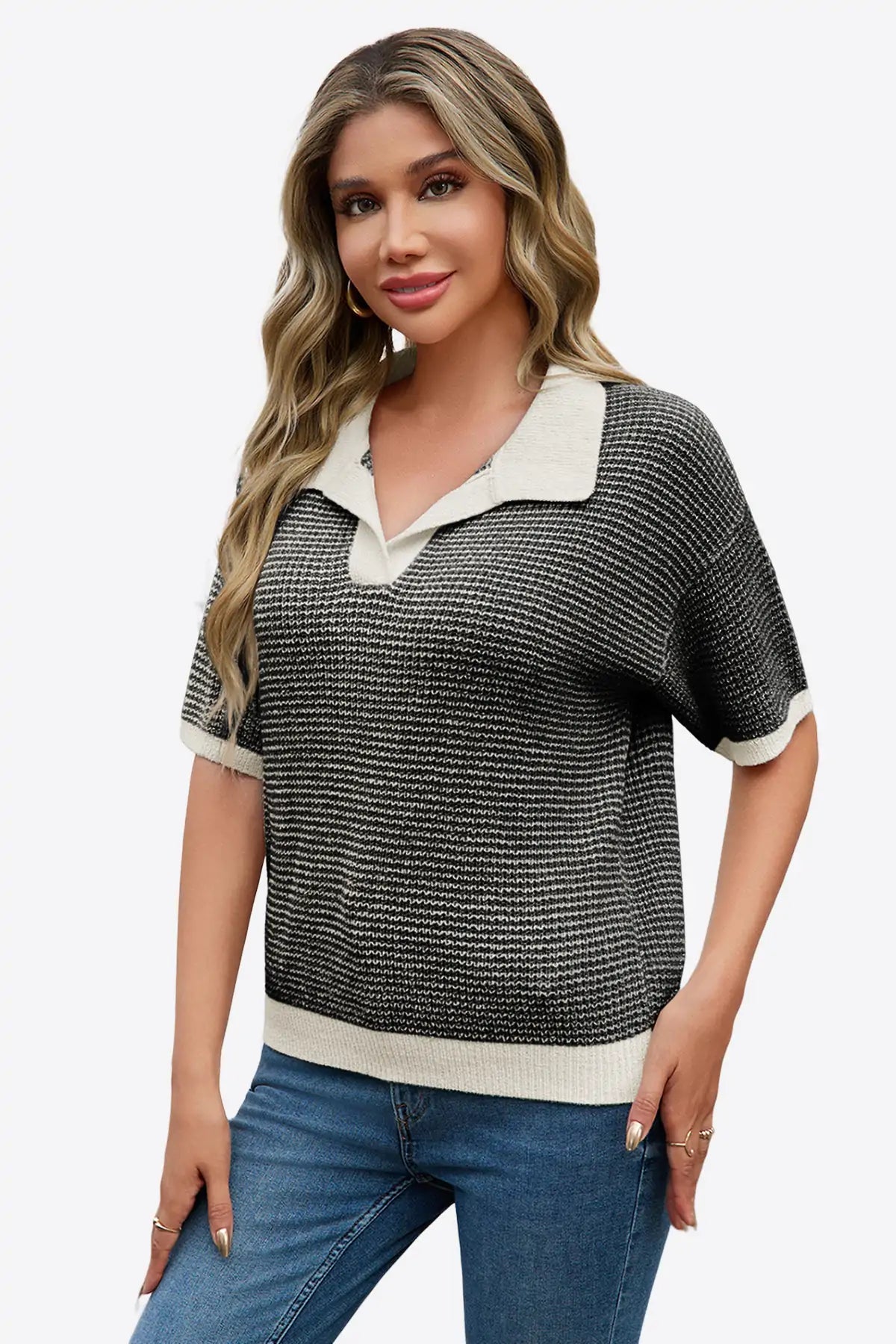 Cicy Bell Womens Black Striped Cropped Sweaters Tops