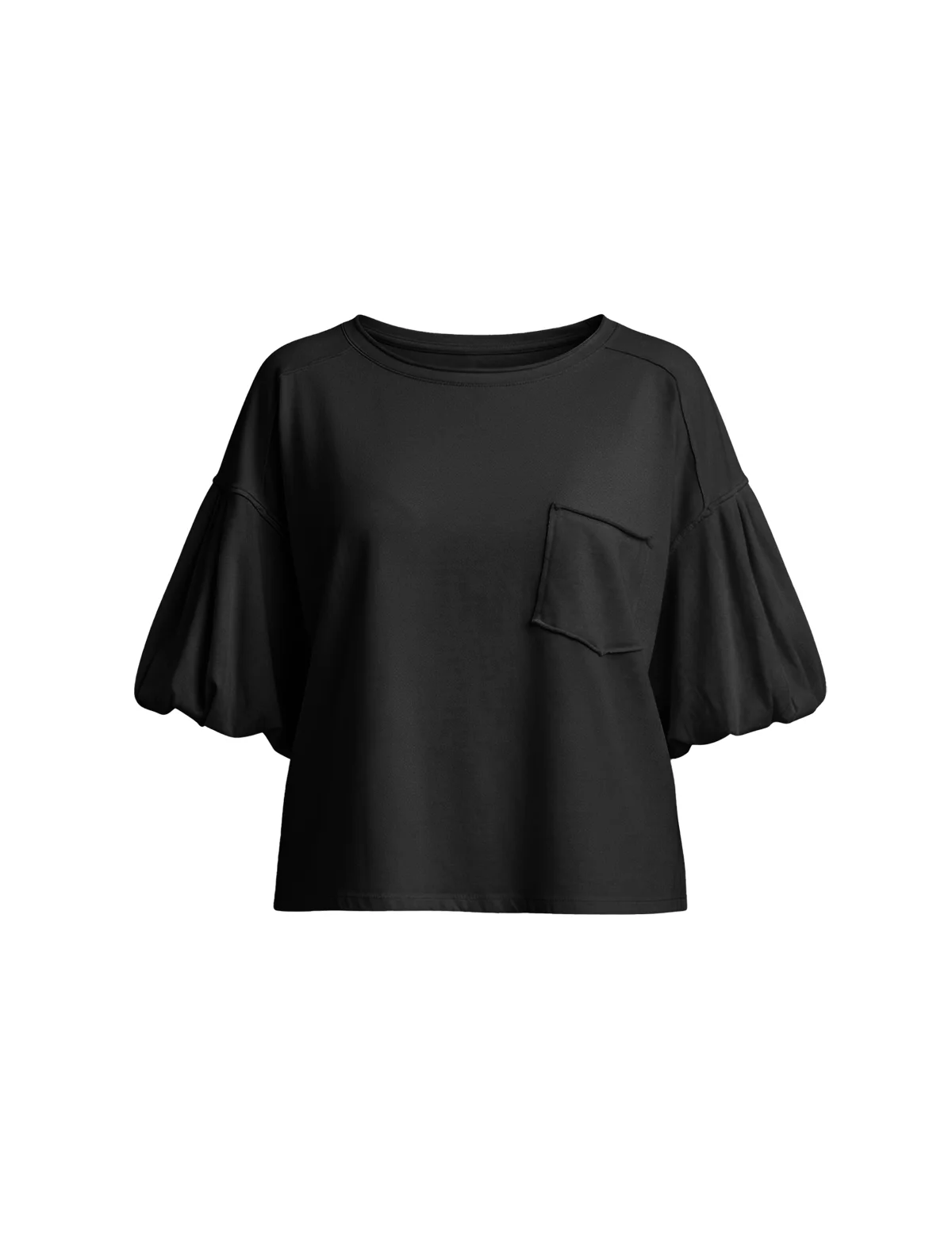 CicyBell Women's Black Puff Sleeve Blouse featuring chic lantern short sleeves and a classic crew neck with a functional chest pocket. This relaxed-fit summer top is a versatile staple for weekend brunch or seaside escapes.