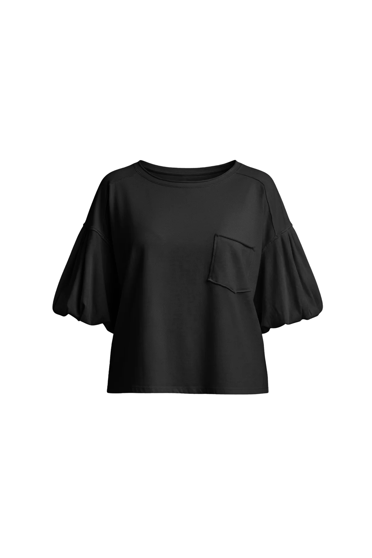 CicyBell Women's Black Puff Sleeve Blouse featuring chic lantern short sleeves and a classic crew neck with a functional chest pocket. This relaxed-fit summer top is a versatile staple for weekend brunch or seaside escapes.