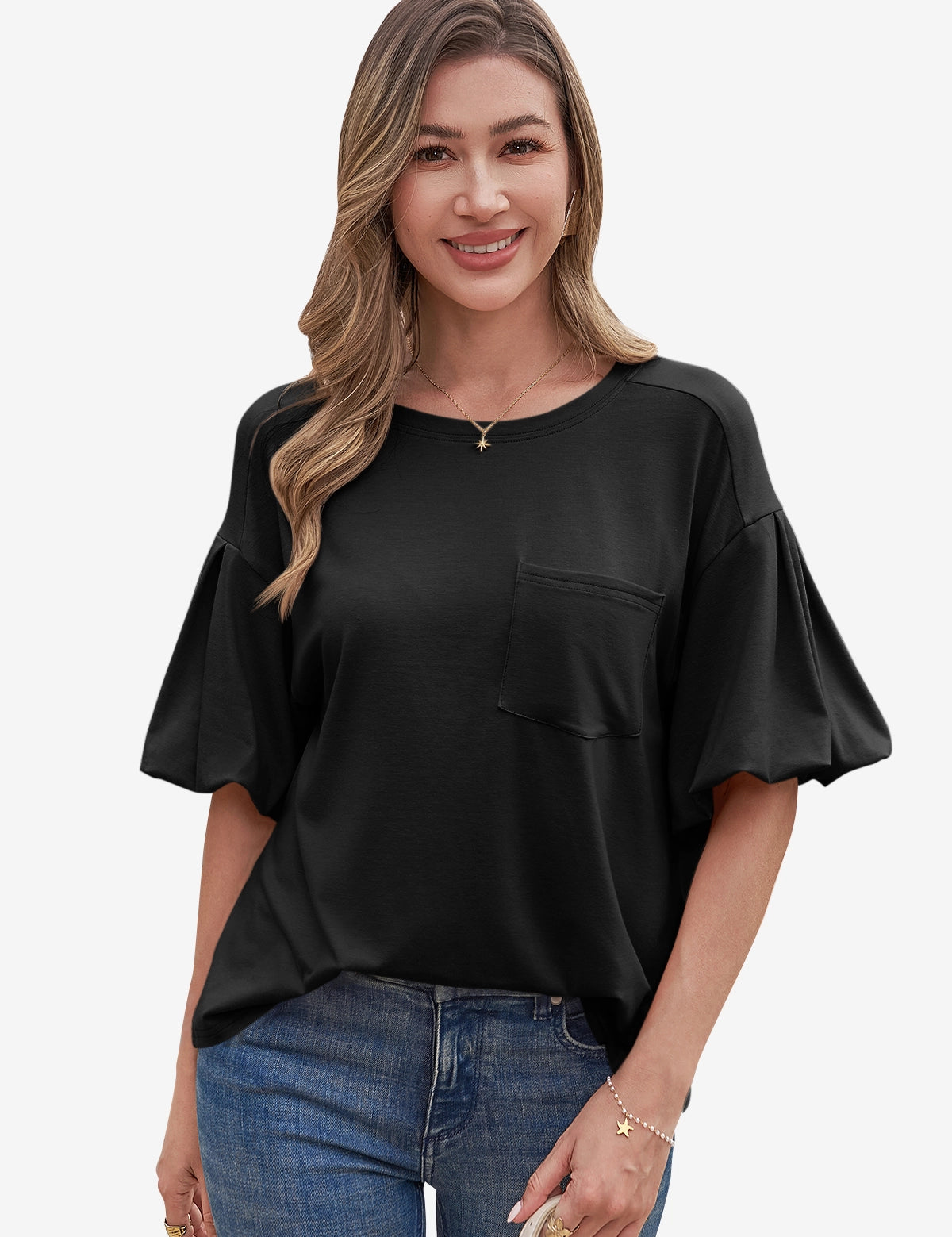 CicyBell Women's Black Puff Sleeve Blouse featuring chic lantern short sleeves and a classic crew neck with a functional chest pocket. This relaxed-fit summer top is a versatile staple for weekend brunch or seaside escapes.