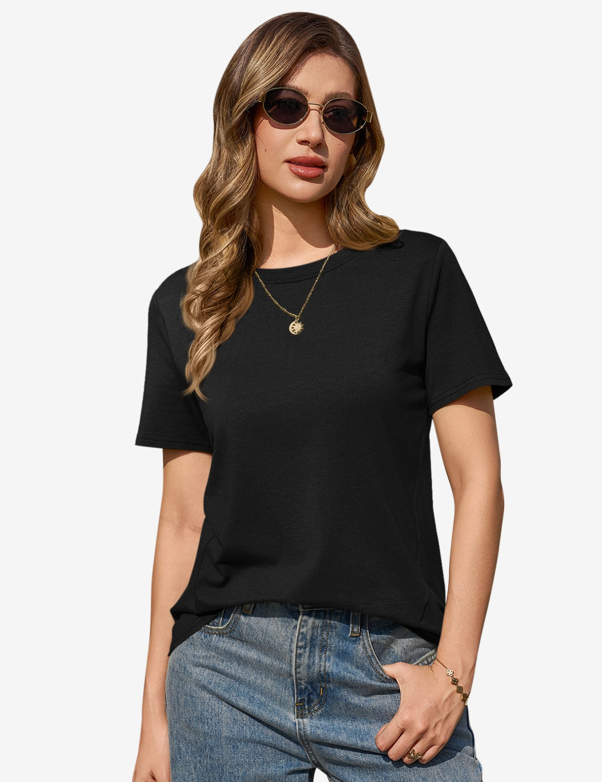 CicyBell Women's Black Summer Tee - Super-soft relaxed crewneck t-shirt with stretchy fit. Breathable cotton blend basic top for gym, travel, or casual everyday layers.
