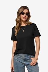 CicyBell Women's Black Summer Tee - Super-soft relaxed crewneck t-shirt with stretchy fit. Breathable cotton blend basic top for gym, travel, or casual everyday layers.