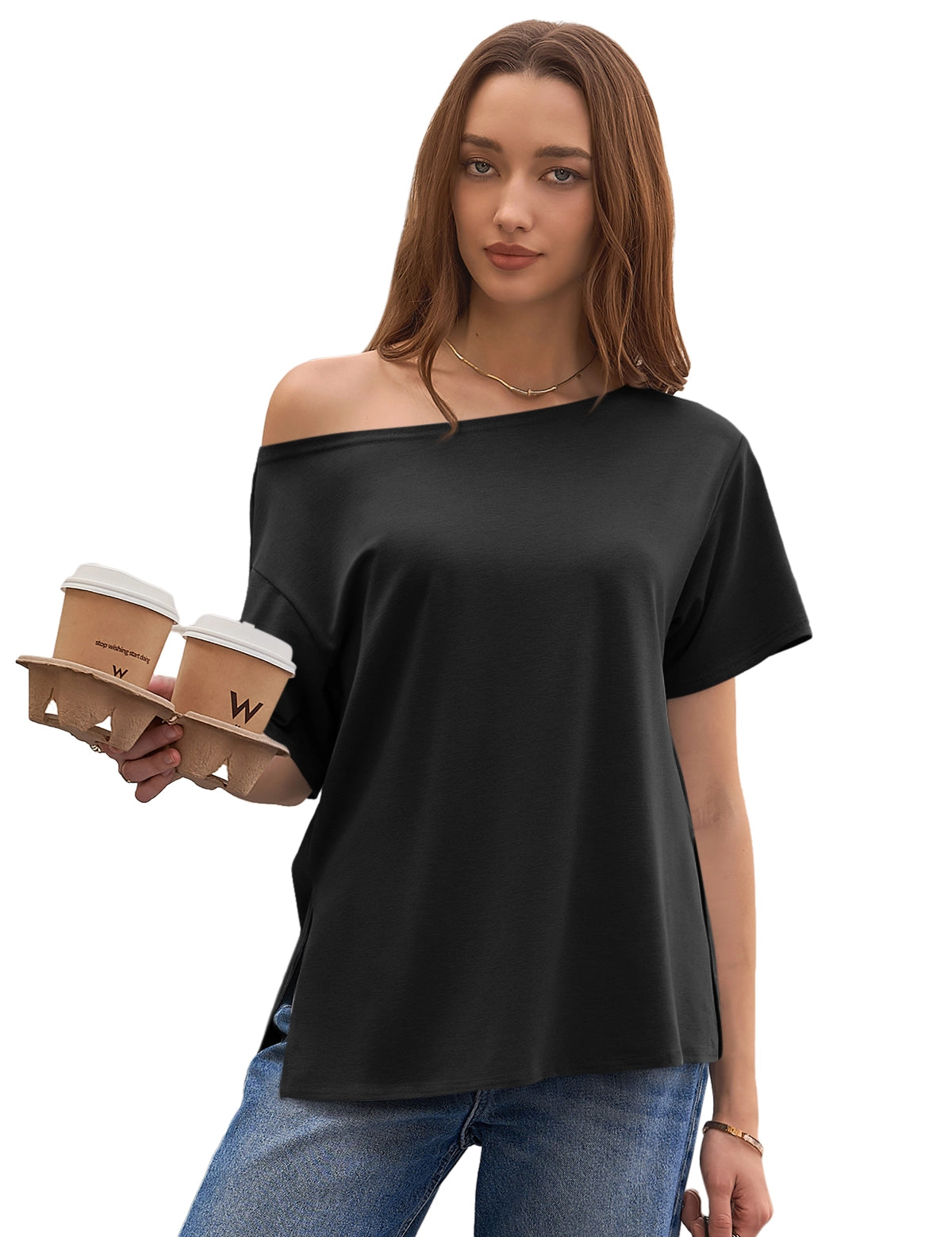 CicyBell Women's Black Oversized Asymmetric Tee with a 2-in-1 boat neck. Model styles it off-one-shoulder for a chic, breezy vibe. This black tunic features drop shoulders and side slits, perfect for coffee dates or casual strolls.