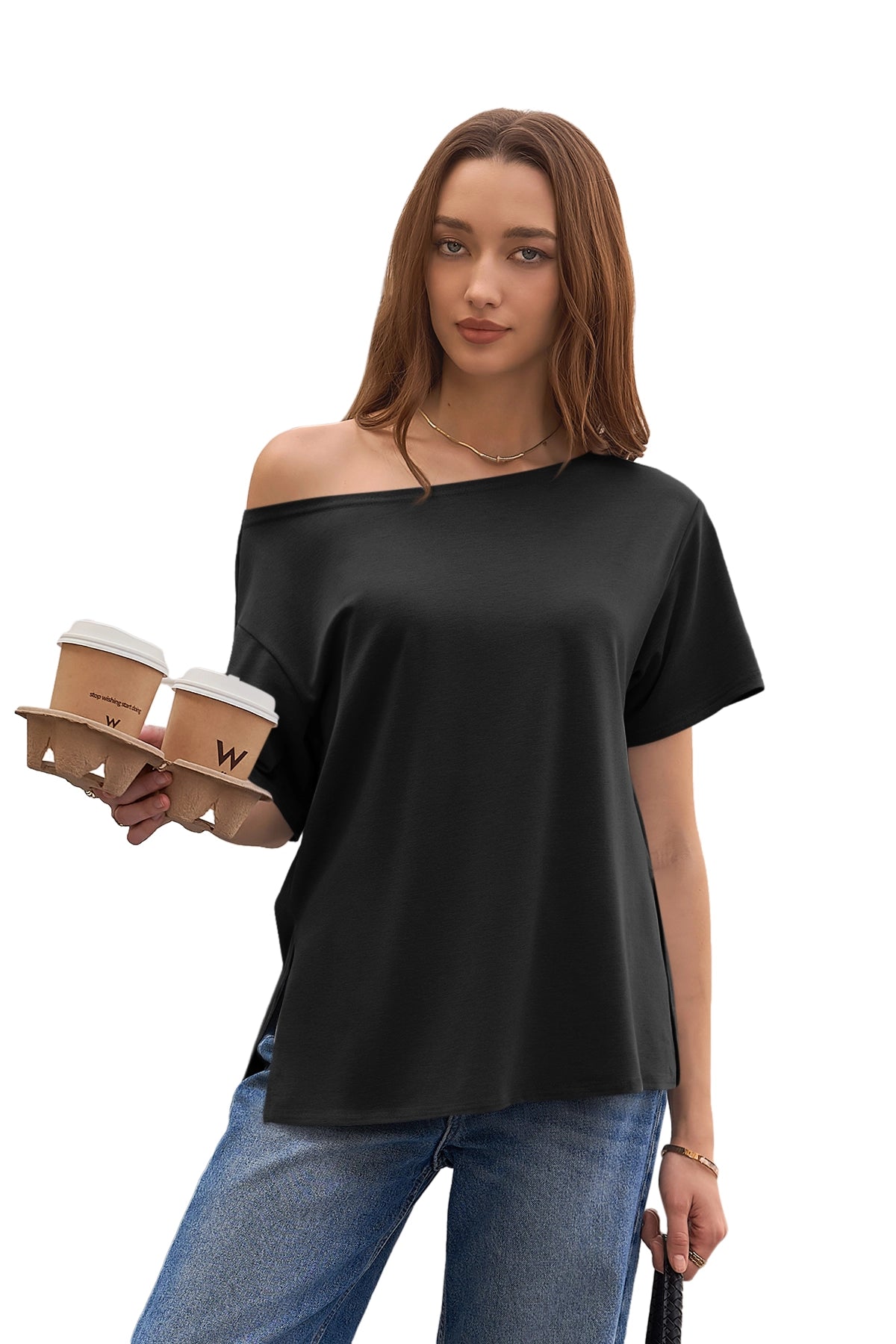 CicyBell Women's Black Oversized Asymmetric Tee with a 2-in-1 boat neck. Model styles it off-one-shoulder for a chic, breezy vibe. This black tunic features drop shoulders and side slits, perfect for coffee dates or casual strolls.