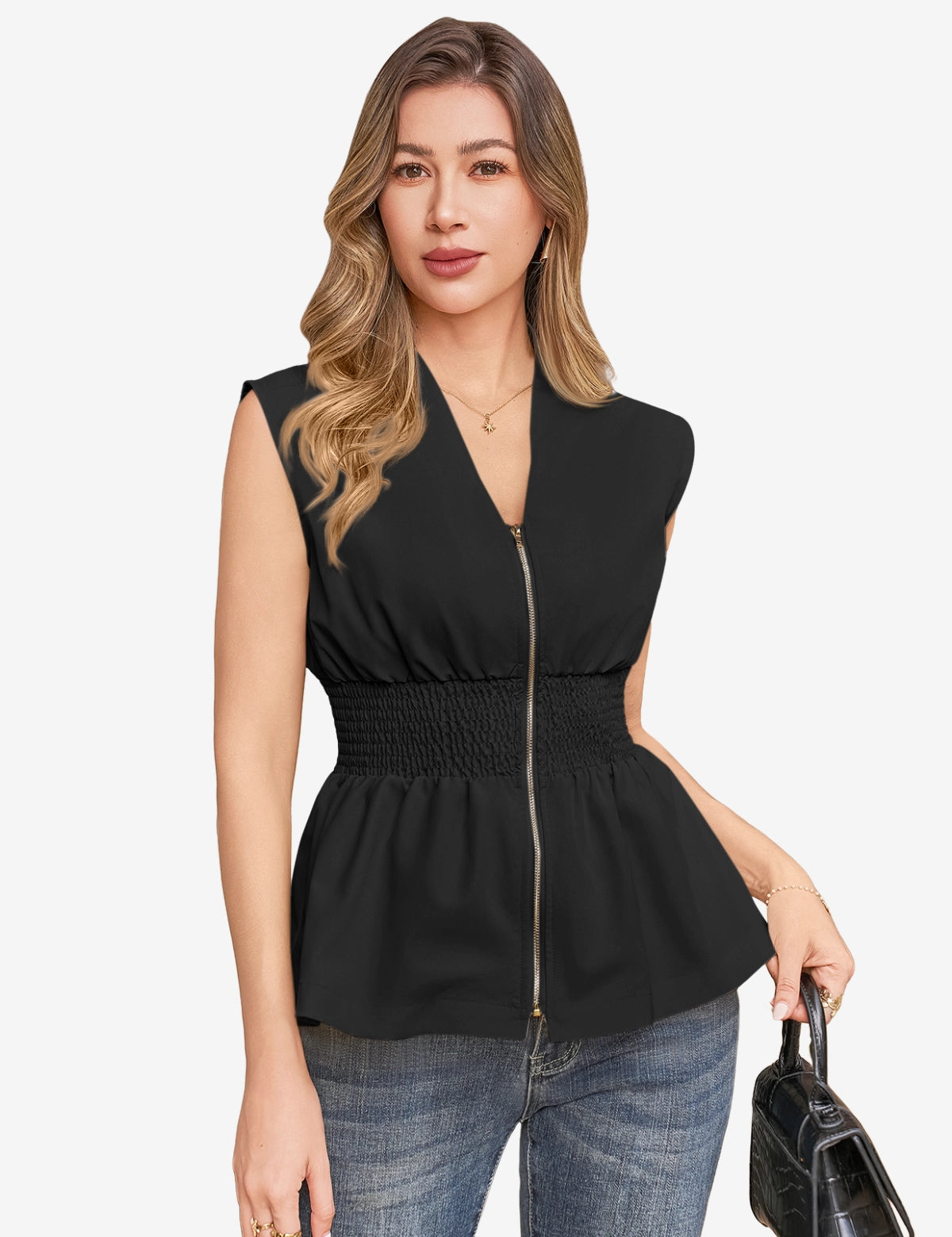 CicyBell Women's Smocked Peplum Top with a deep V-neck and front zipper closure. Featuring a figure-defining smocked waist, pleated peplum hem, and cap sleeves in breathable 100% polyester for an office-ready summer look.