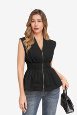 CicyBell Women's Smocked Peplum Top with a deep V-neck and front zipper closure. Featuring a figure-defining smocked waist, pleated peplum hem, and cap sleeves in breathable 100% polyester for an office-ready summer look.