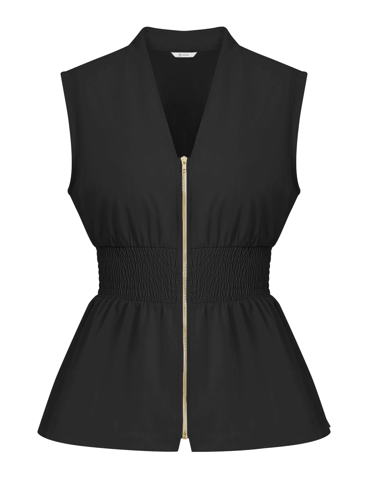CicyBell Women's Smocked Peplum Top with a deep V-neck and front zipper closure. Featuring a figure-defining smocked waist, pleated peplum hem, and cap sleeves in breathable 100% polyester for an office-ready summer look.