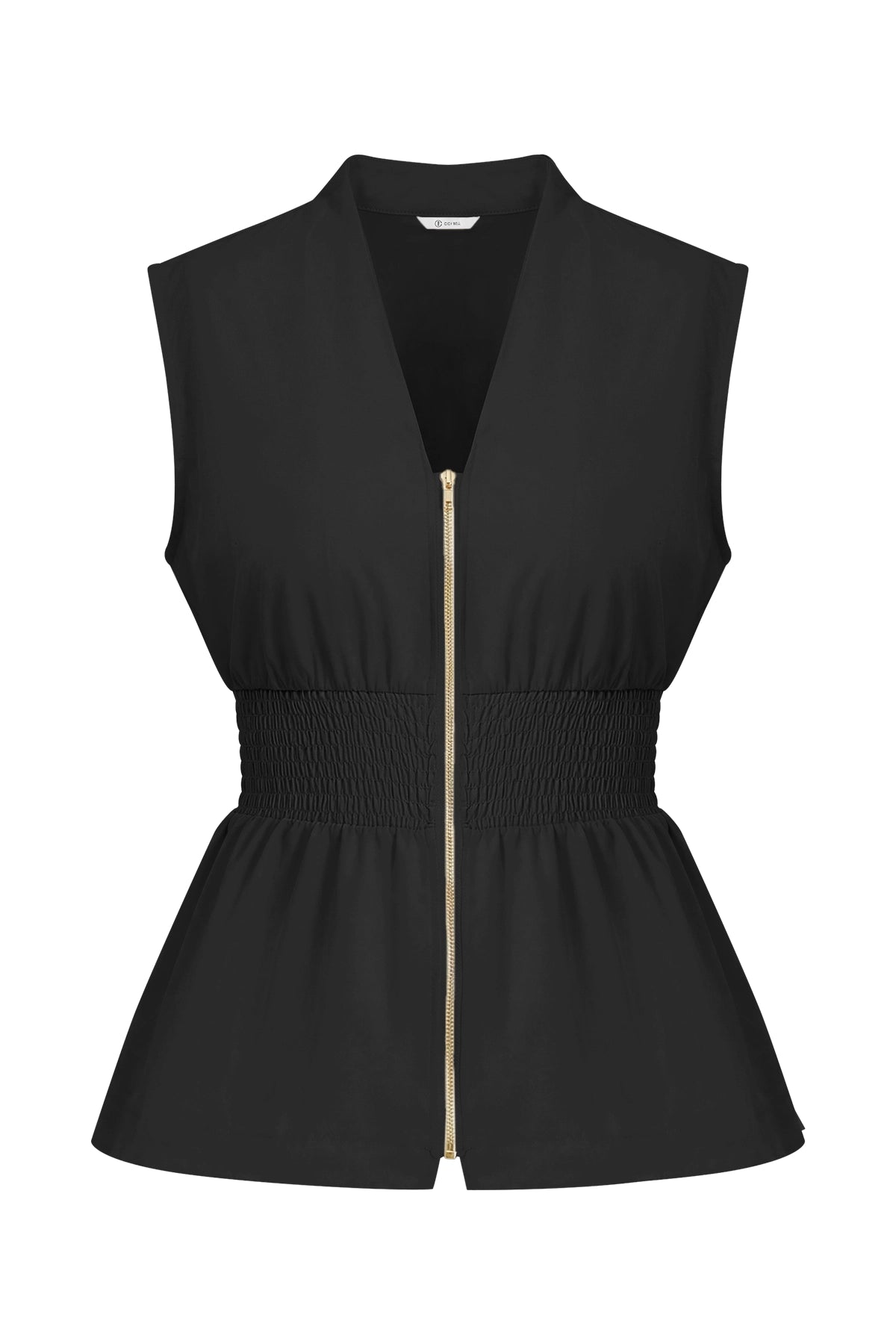 CicyBell Women's Smocked Peplum Top with a deep V-neck and front zipper closure. Featuring a figure-defining smocked waist, pleated peplum hem, and cap sleeves in breathable 100% polyester for an office-ready summer look.