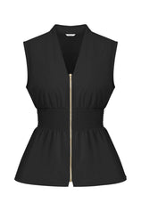CicyBell Women's Smocked Peplum Top with a deep V-neck and front zipper closure. Featuring a figure-defining smocked waist, pleated peplum hem, and cap sleeves in breathable 100% polyester for an office-ready summer look.