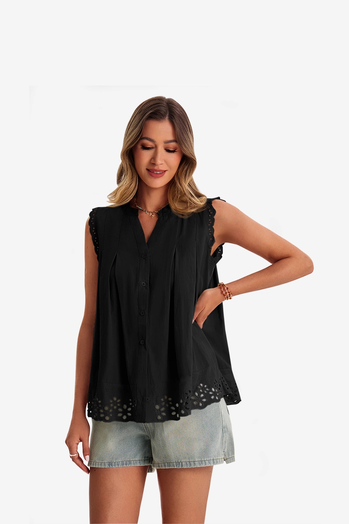 Womens Black Summer Eyelet Tank Tops | CicyBell