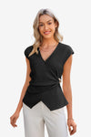 CicyBell Women's Black Wrap Tank Top featuring a deep V-neck and a unique side metal buckle. This sleeveless criss-cross blouse includes ruched shirring and an asymmetrical hem designed for a slimming, tummy-hiding effect.