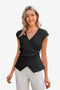 CicyBell Women's Black Wrap Tank Top featuring a deep V-neck and a unique side metal buckle. This sleeveless criss-cross blouse includes ruched shirring and an asymmetrical hem designed for a slimming, tummy-hiding effect.