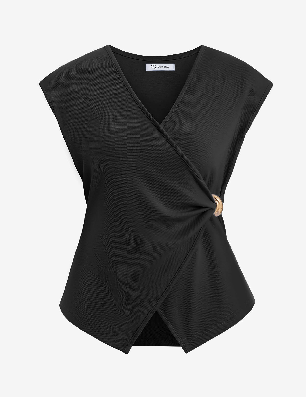 CicyBell Women's Black Wrap Tank Top featuring a deep V-neck and a unique side metal buckle. This sleeveless criss-cross blouse includes ruched shirring and an asymmetrical hem designed for a slimming, tummy-hiding effect.