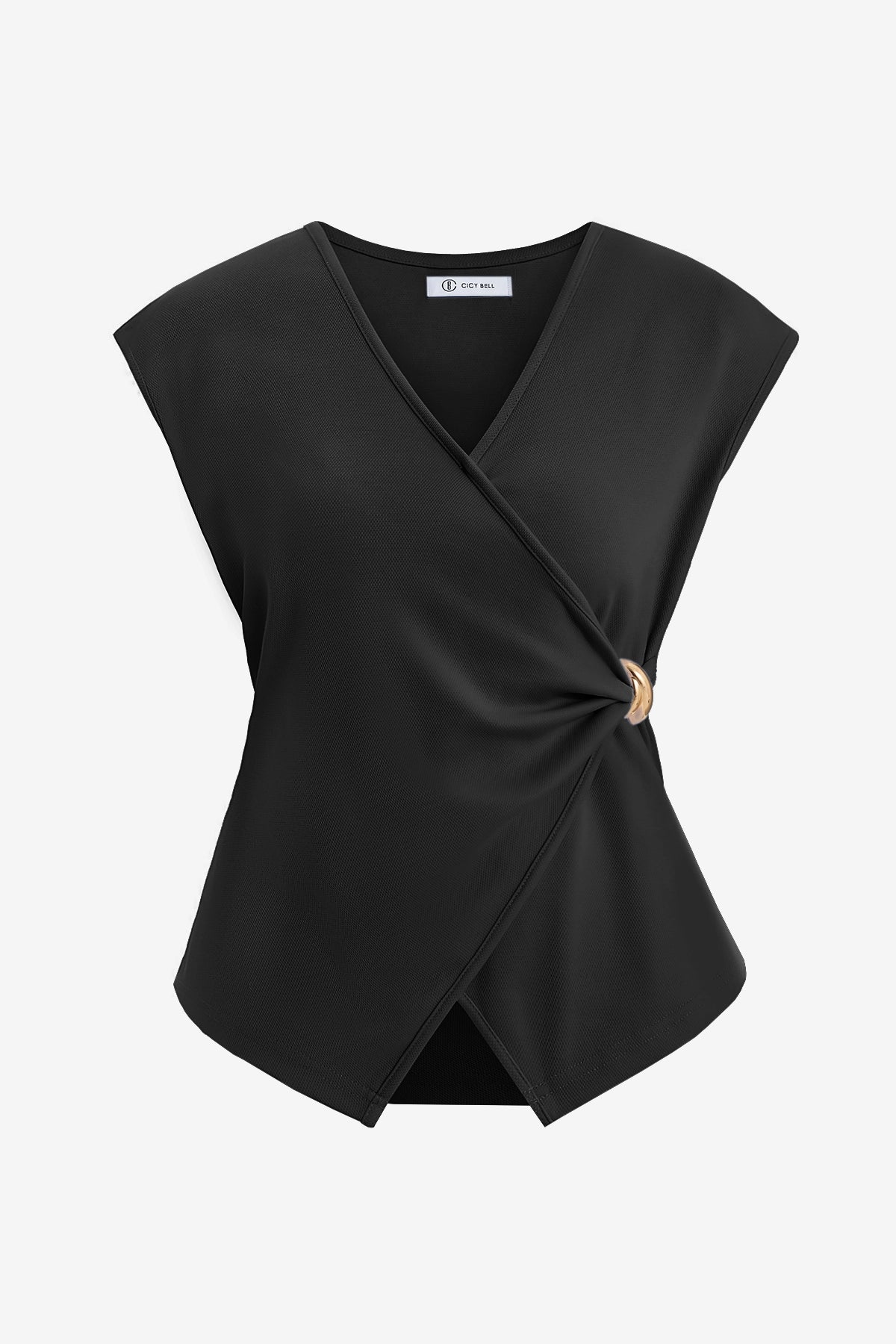 CicyBell Women's Black Wrap Tank Top featuring a deep V-neck and a unique side metal buckle. This sleeveless criss-cross blouse includes ruched shirring and an asymmetrical hem designed for a slimming, tummy-hiding effect.
