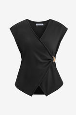 CicyBell Women's Black Wrap Tank Top featuring a deep V-neck and a unique side metal buckle. This sleeveless criss-cross blouse includes ruched shirring and an asymmetrical hem designed for a slimming, tummy-hiding effect.
