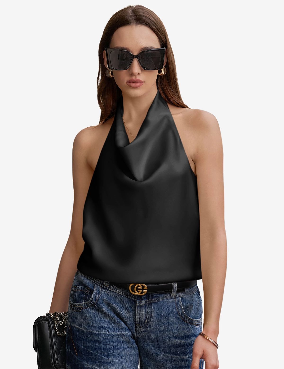 CicyBell Women's Black Satin Halter Top featuring an elegant mock neck and backless design. Silky-smooth black sleeveless top with a relaxed fit, perfect for summer date nights or beach clubs.