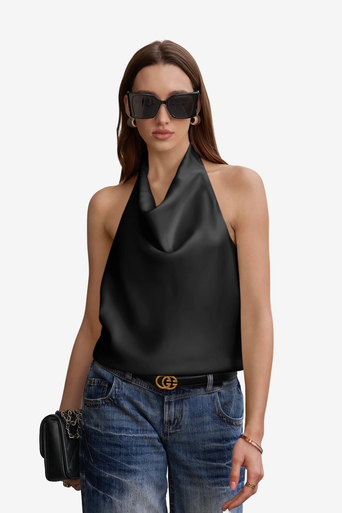 CicyBell Women's Black Satin Halter Top featuring an elegant mock neck and backless design. Silky-smooth black sleeveless top with a relaxed fit, perfect for summer date nights or beach clubs.