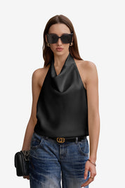 CicyBell Women's Black Satin Halter Top featuring an elegant mock neck and backless design. Silky-smooth black sleeveless top with a relaxed fit, perfect for summer date nights or beach clubs.