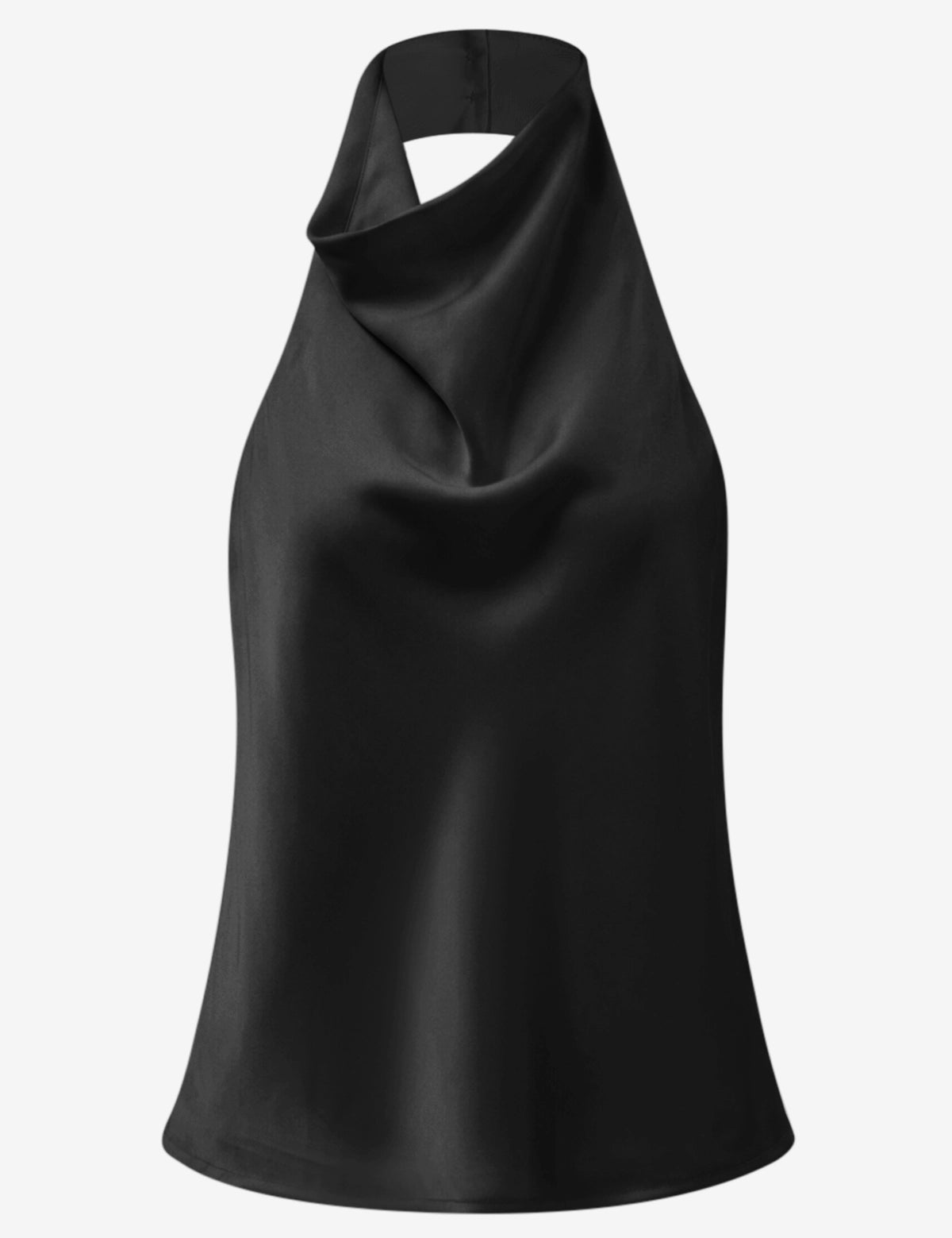 CicyBell Women's Black Satin Halter Top featuring an elegant mock neck and backless design. Silky-smooth black sleeveless top with a relaxed fit, perfect for summer date nights or beach clubs.