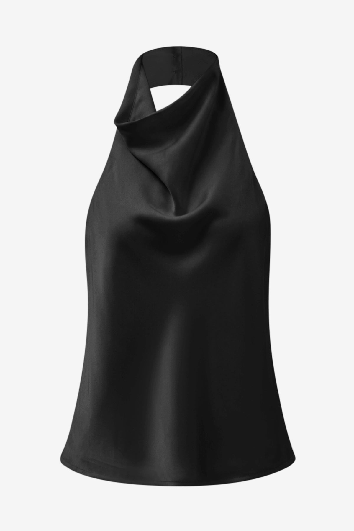CicyBell Women's Black Satin Halter Top featuring an elegant mock neck and backless design. Silky-smooth black sleeveless top with a relaxed fit, perfect for summer date nights or beach clubs.
