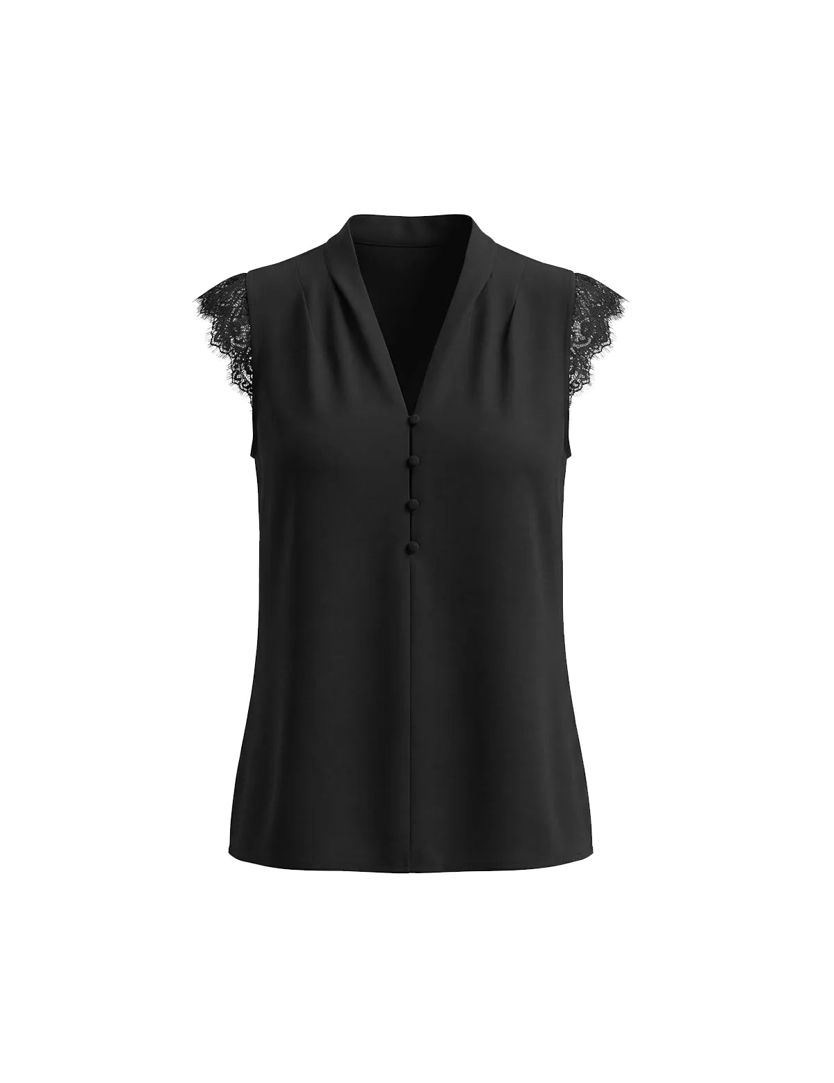 Cicy Bell Women's Satin Tank Top with delicate lace-trimmed cap sleeves and decorative front buttons. This silky V-neck blouse features pleated shoulders for an elegant, high-end office-to-happy-hour look.