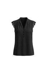 Cicy Bell Women's Satin Tank Top with delicate lace-trimmed cap sleeves and decorative front buttons. This silky V-neck blouse features pleated shoulders for an elegant, high-end office-to-happy-hour look.