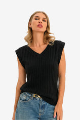 Wrinkle-Free Black Ribbed Vest Cap Sleeve Stretch | CicyBell