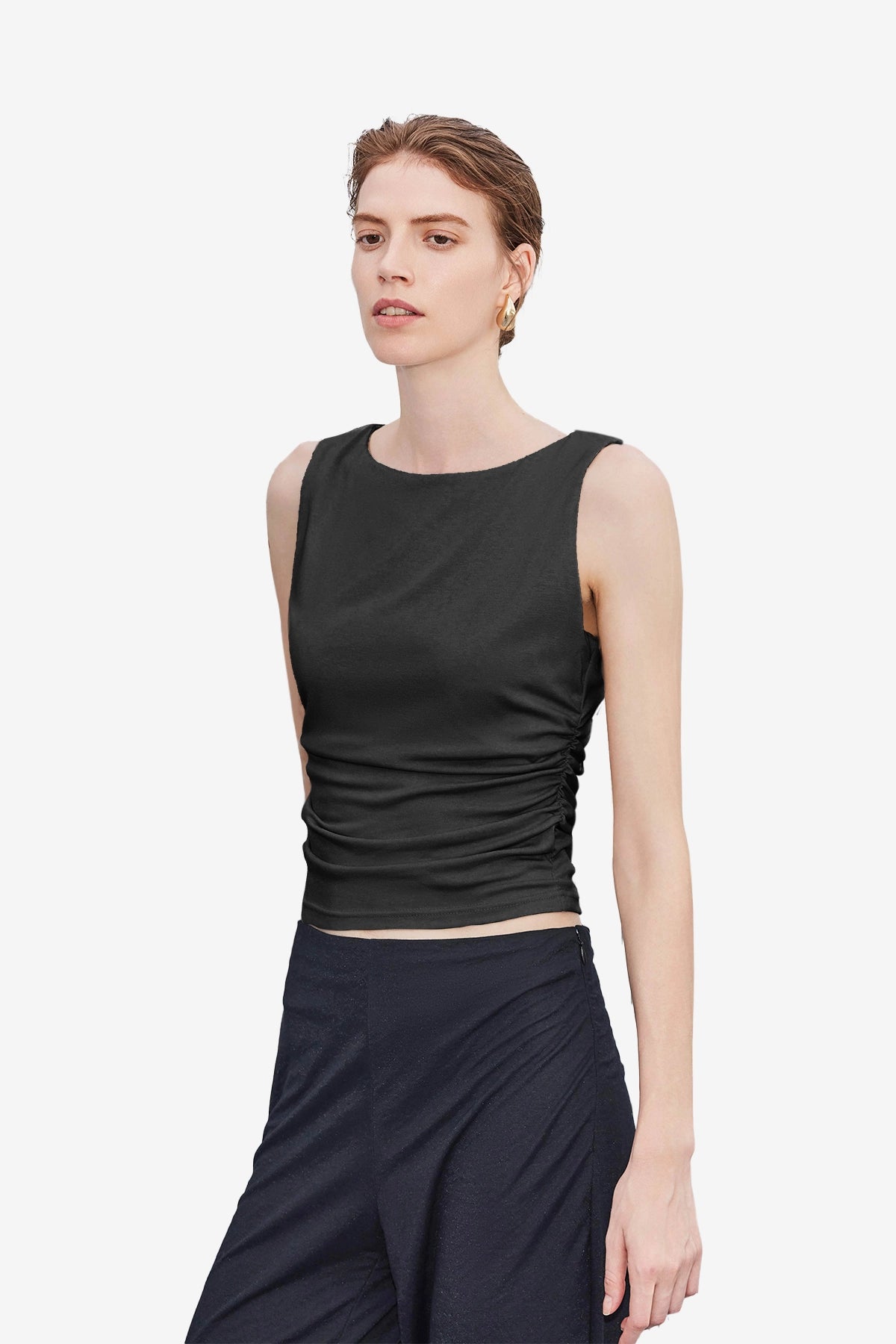Wrinkle-Free Black Ruched Tank Tailored Stretch | CicyBell