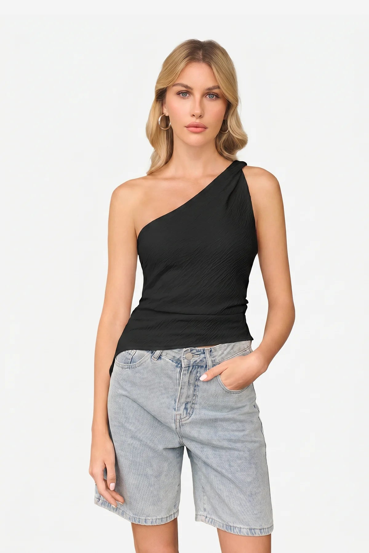 Wrinkle-Free Black One Shoulder Asymmetrical Ruched Tank | CicyBell