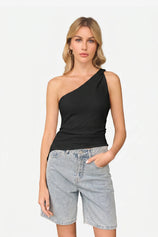 Wrinkle-Free Black One Shoulder Asymmetrical Ruched Tank | CicyBell