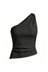 Wrinkle-Free Black One Shoulder Asymmetrical Ruched Tank | CicyBell