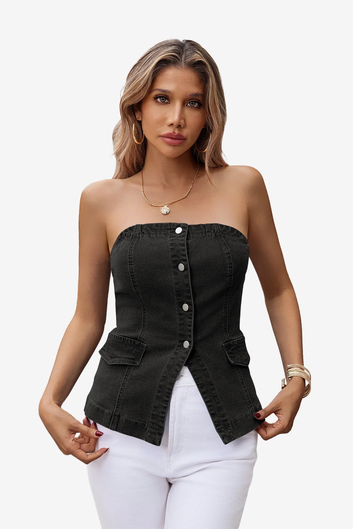 Slimming Black Denim Tube Top Stretch | CicyBell