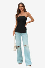 Womens Black Strapless Tube Y2K Tops | CicyBell