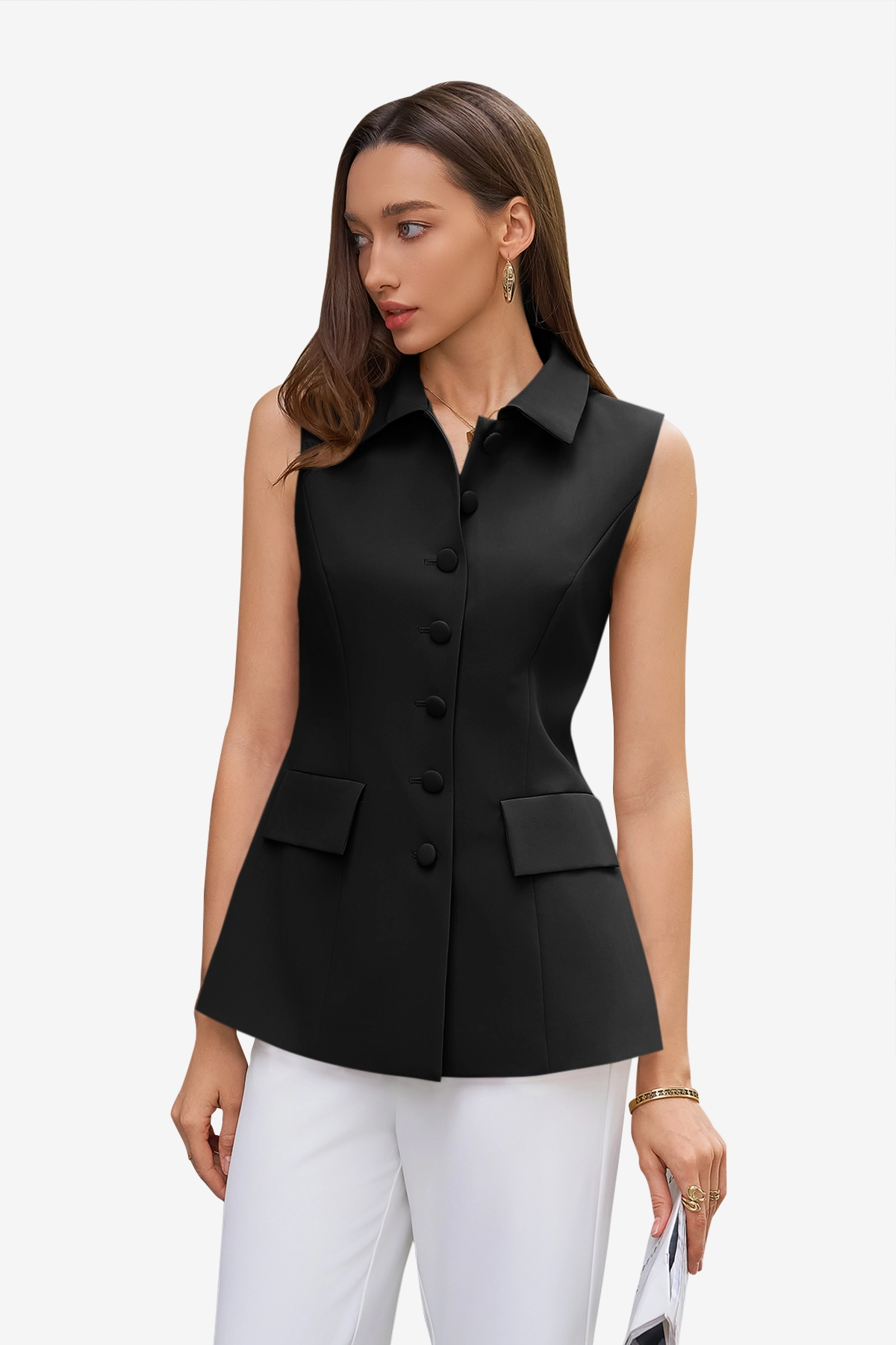 Womens Black Tops Button Down Suit Vest | CicyBell