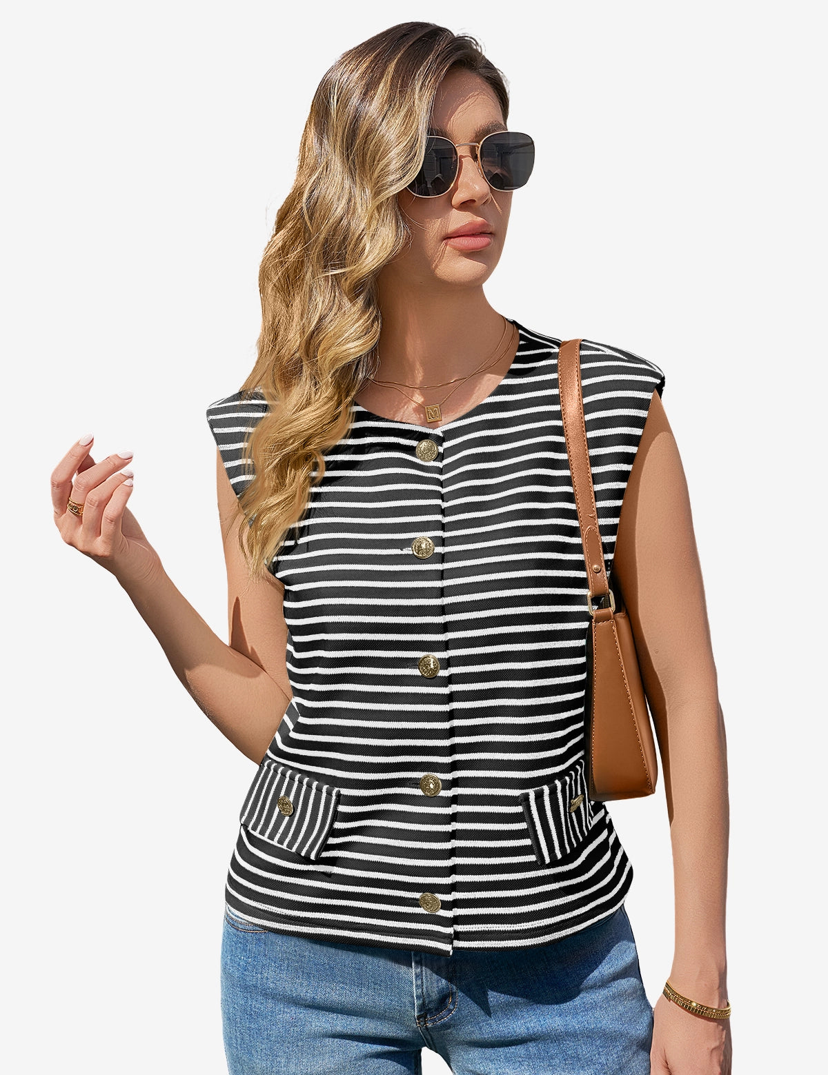 CicyBell Women's Striped Sweater Vest with gold button accents. This sleeveless nautical crewneck knit top is a business casual essential, perfect for office meetings or weekend brunch.