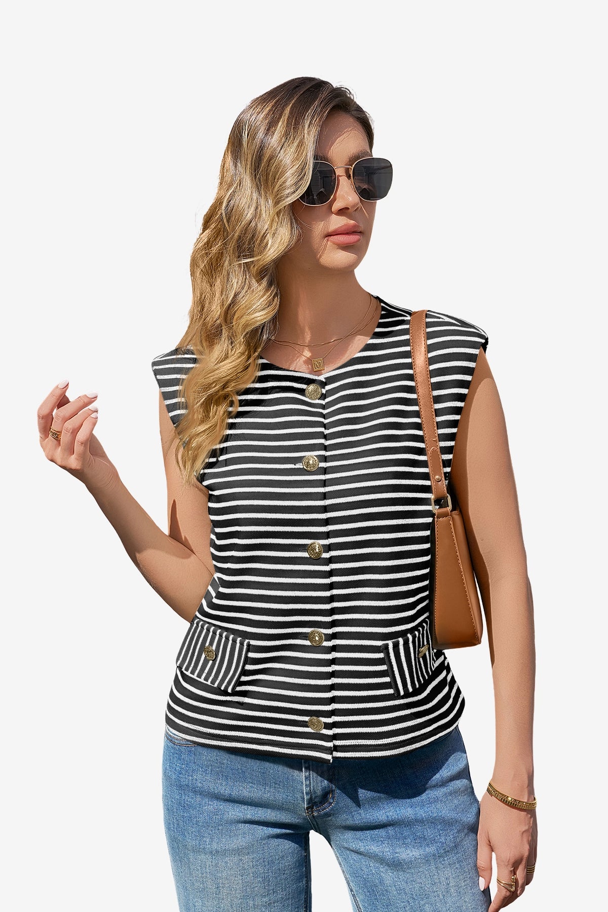 CicyBell Women's Striped Sweater Vest with gold button accents. This sleeveless nautical crewneck knit top is a business casual essential, perfect for office meetings or weekend brunch.
