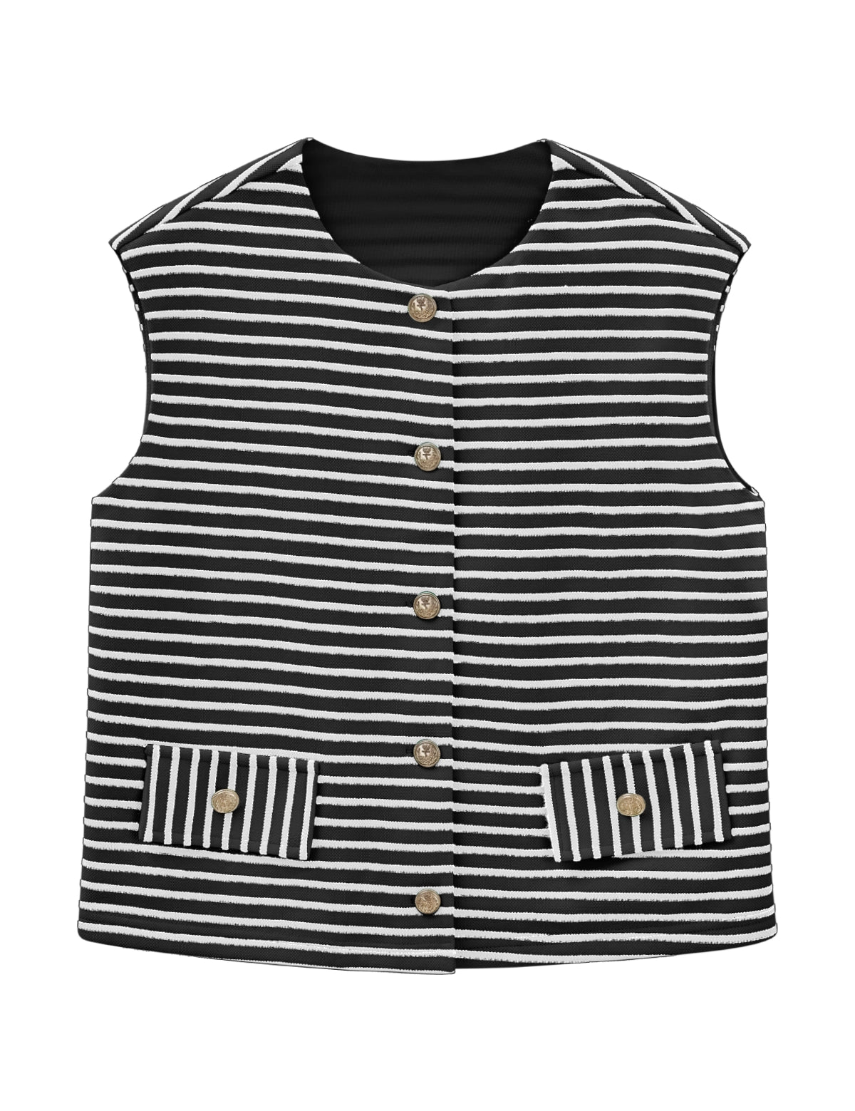CicyBell Women's Striped Sweater Vest with gold button accents. This sleeveless nautical crewneck knit top is a business casual essential, perfect for office meetings or weekend brunch.