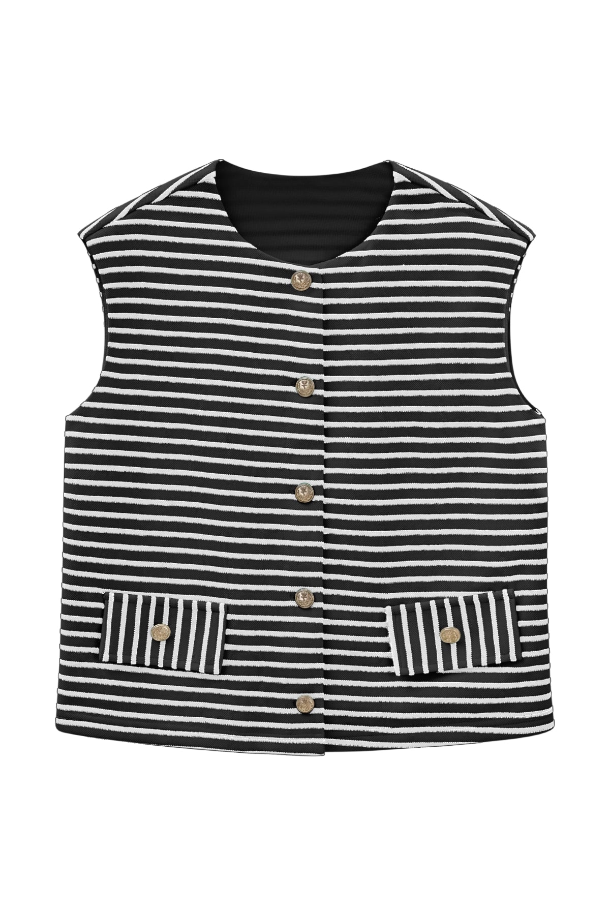 CicyBell Women's Striped Sweater Vest with gold button accents. This sleeveless nautical crewneck knit top is a business casual essential, perfect for office meetings or weekend brunch.