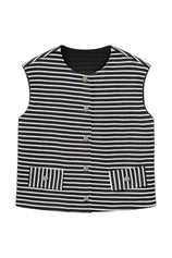CicyBell Women's Striped Sweater Vest with gold button accents. This sleeveless nautical crewneck knit top is a business casual essential, perfect for office meetings or weekend brunch.