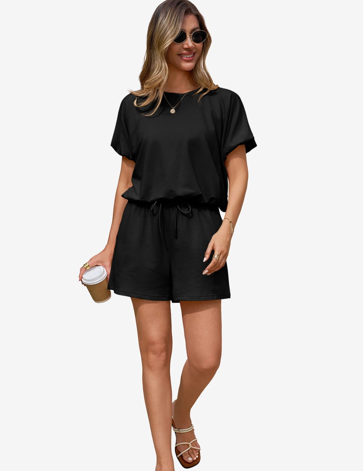 CicyBell Women's Black 2-Piece Set featuring a short puff sleeve top and matching drawstring shorts with pockets. A chic and cozy loungewear outfit perfect for summer coffee runs and casual daily wear.