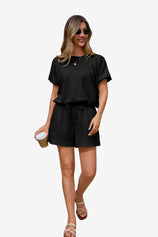 CicyBell Women's Black 2-Piece Set featuring a short puff sleeve top and matching drawstring shorts with pockets. A chic and cozy loungewear outfit perfect for summer coffee runs and casual daily wear.