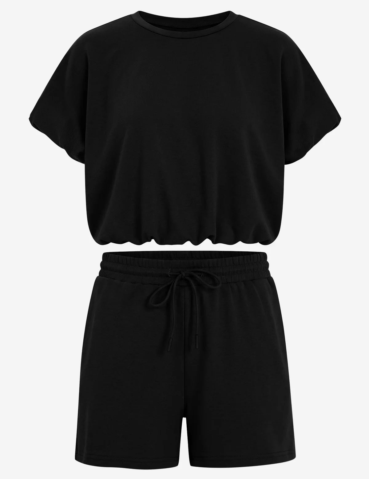 CicyBell Women's Black 2-Piece Set featuring a short puff sleeve top and matching drawstring shorts with pockets. A chic and cozy loungewear outfit perfect for summer coffee runs and casual daily wear.