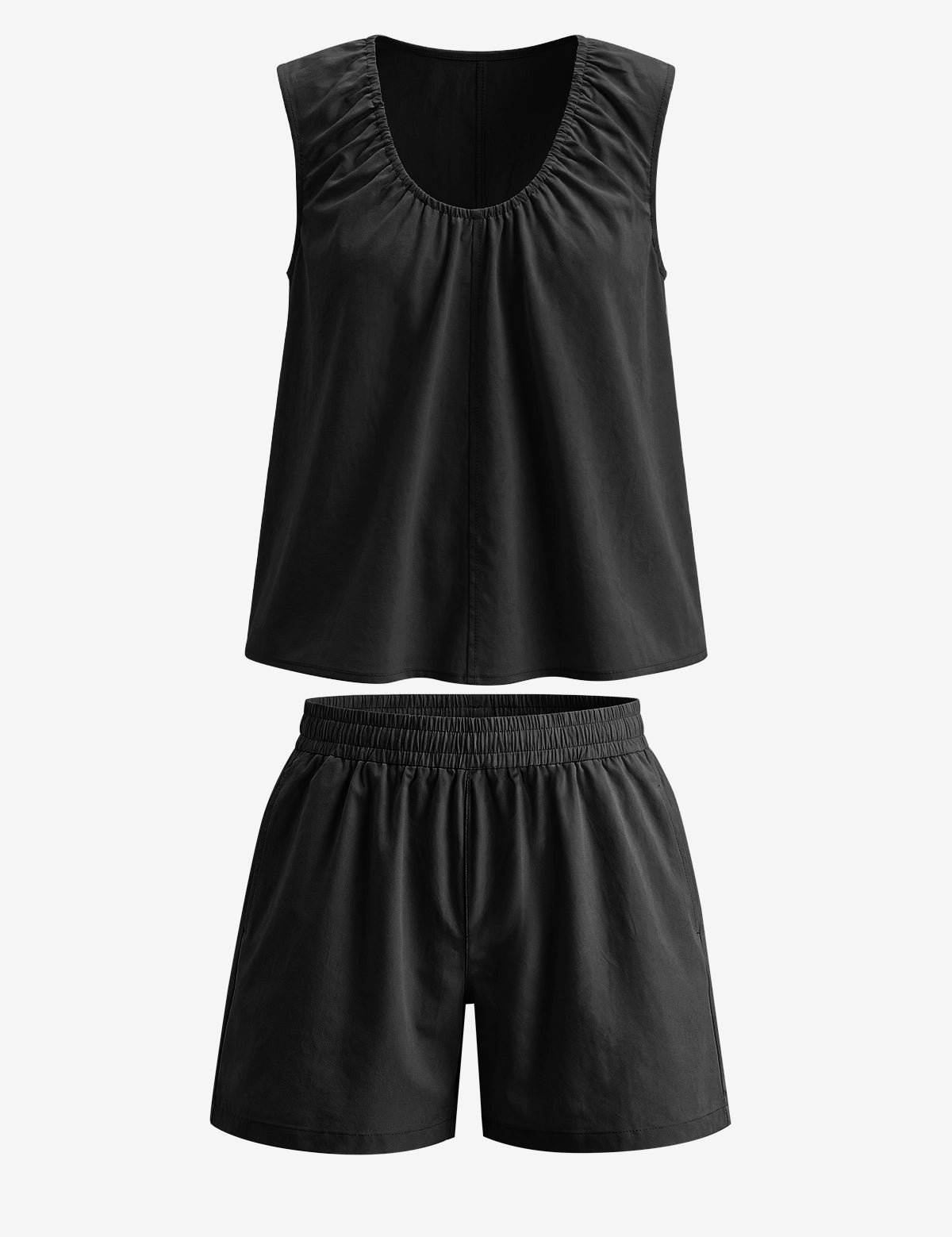 Alt Text: CicyBell Women's Black 2-Piece Matching Set in 100% cotton. Features a sleeveless ruffled babydoll top with a U-neckline and matching relaxed-fit shorts, ideal for beach vacations and summer resort trips.