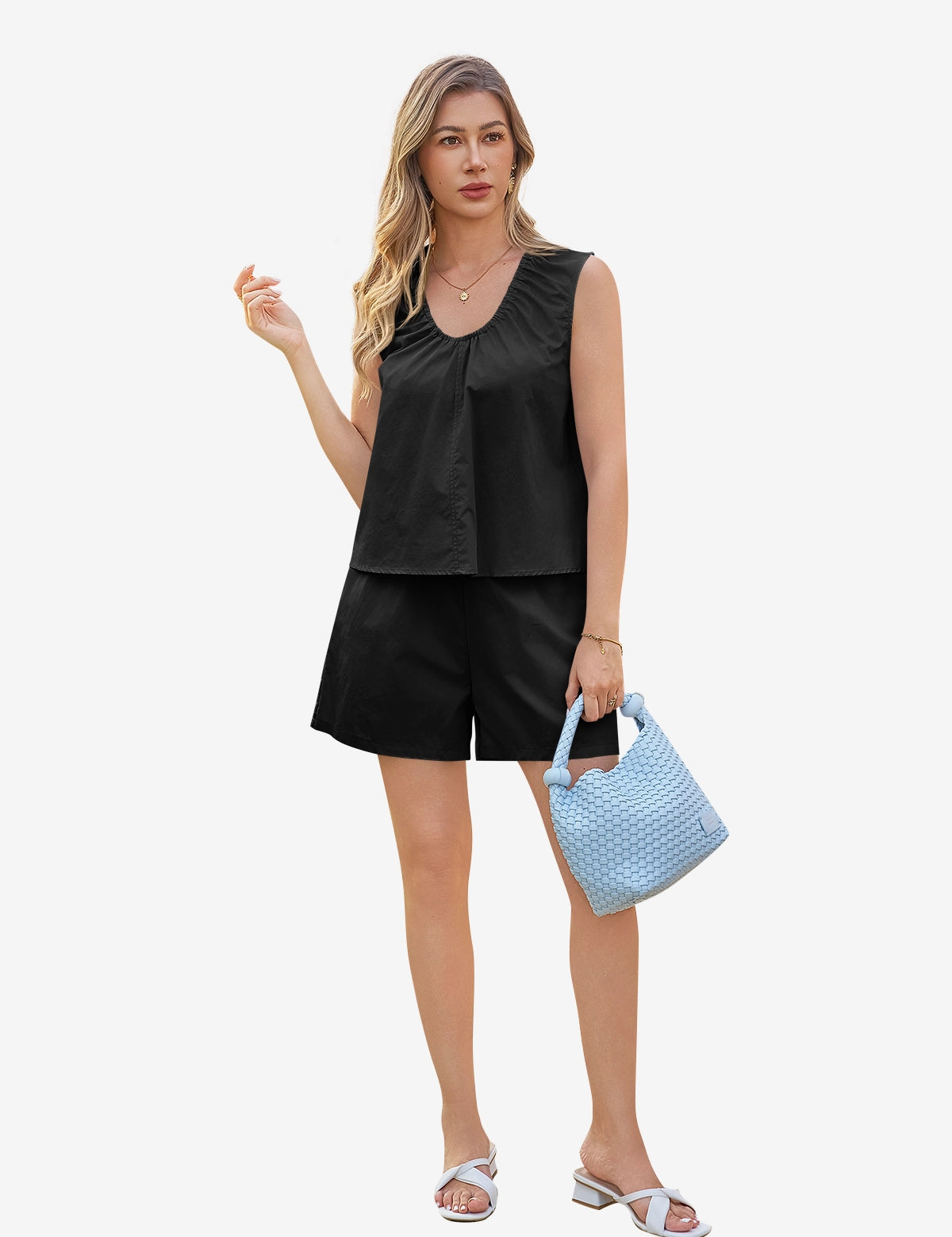 Alt Text: CicyBell Women's Black 2-Piece Matching Set in 100% cotton. Features a sleeveless ruffled babydoll top with a U-neckline and matching relaxed-fit shorts, ideal for beach vacations and summer resort trips.