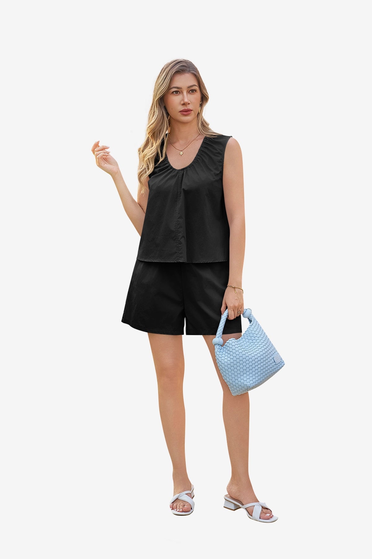 Alt Text: CicyBell Women's Black 2-Piece Matching Set in 100% cotton. Features a sleeveless ruffled babydoll top with a U-neckline and matching relaxed-fit shorts, ideal for beach vacations and summer resort trips.