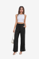 Womens Black Strips Wide Leg High Waisted Pants | CicyBell