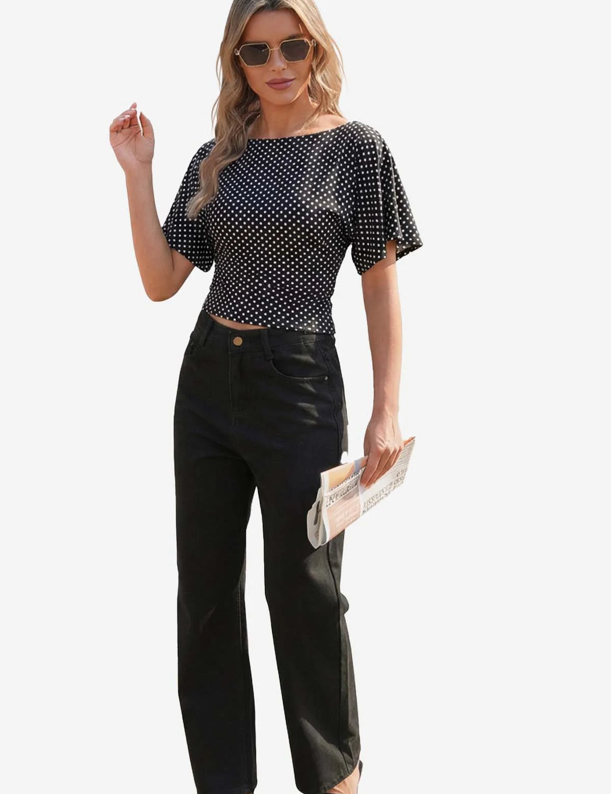 CicyBell Women's Polka Dot Wrap Top featuring an elegant boat neck and flowy batwing sleeves. This vintage-inspired summer blouse includes an adjustable cross-tie waist for a flattering, customizable fit.