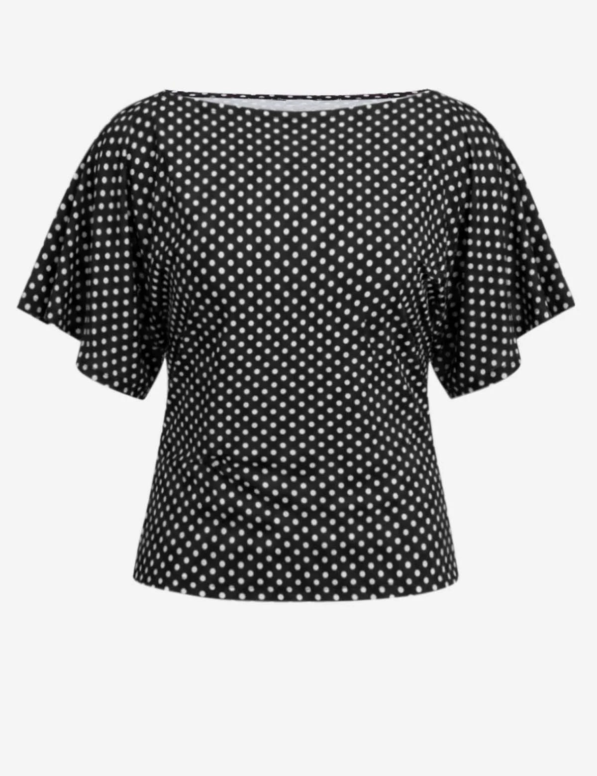 CicyBell Women's Polka Dot Wrap Top featuring an elegant boat neck and flowy batwing sleeves. This vintage-inspired summer blouse includes an adjustable cross-tie waist for a flattering, customizable fit.