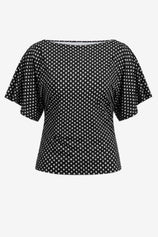 CicyBell Women's Polka Dot Wrap Top featuring an elegant boat neck and flowy batwing sleeves. This vintage-inspired summer blouse includes an adjustable cross-tie waist for a flattering, customizable fit.