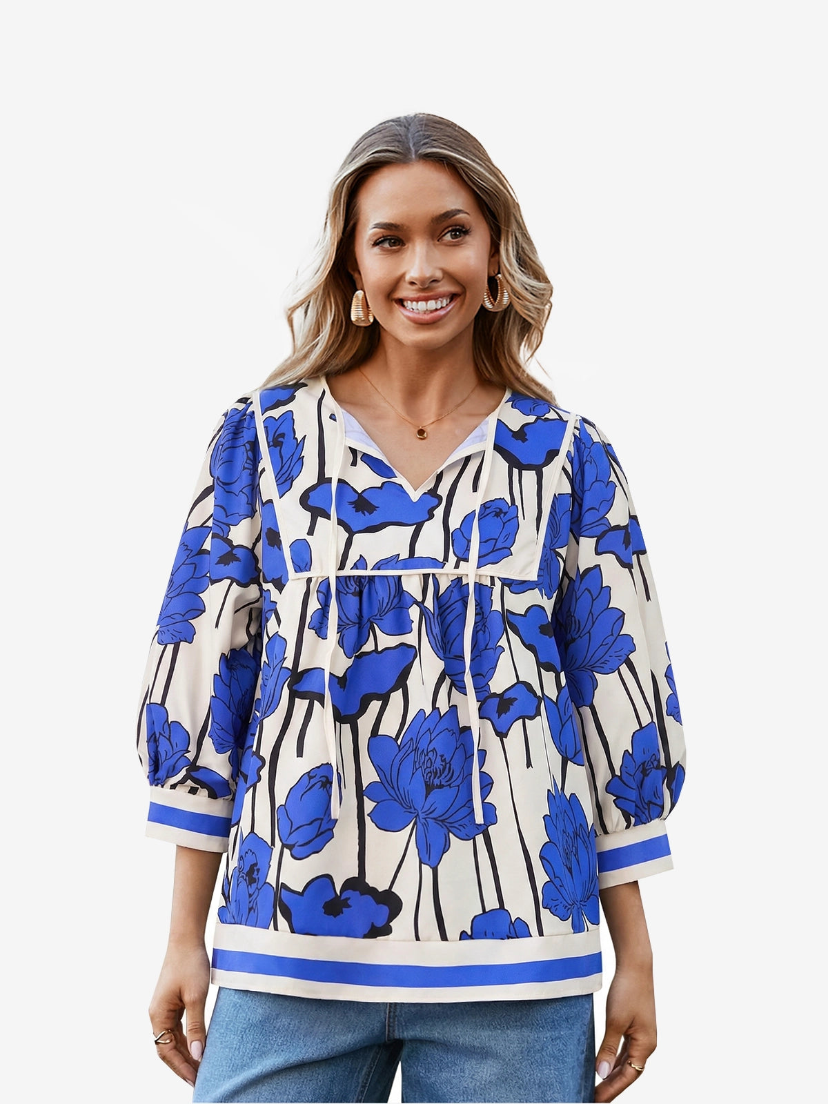 Womens Blue Floral Print Babydoll Blouse | CicyBell